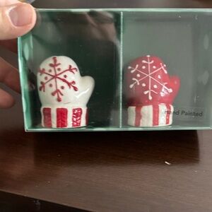 Festive Red and White Snowflake Mittens Salt and Pepper Shaker Set